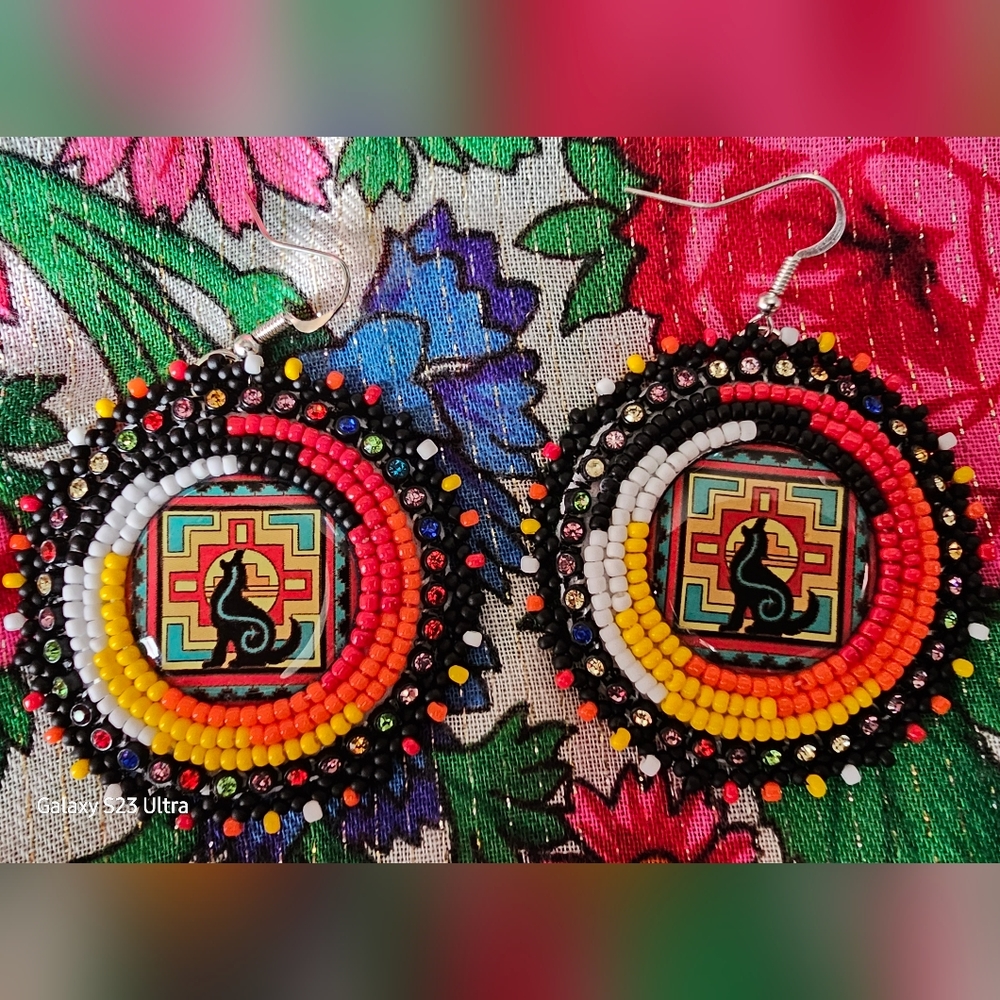 Beautiful Wolf Native Beaded Powwow Earrings
